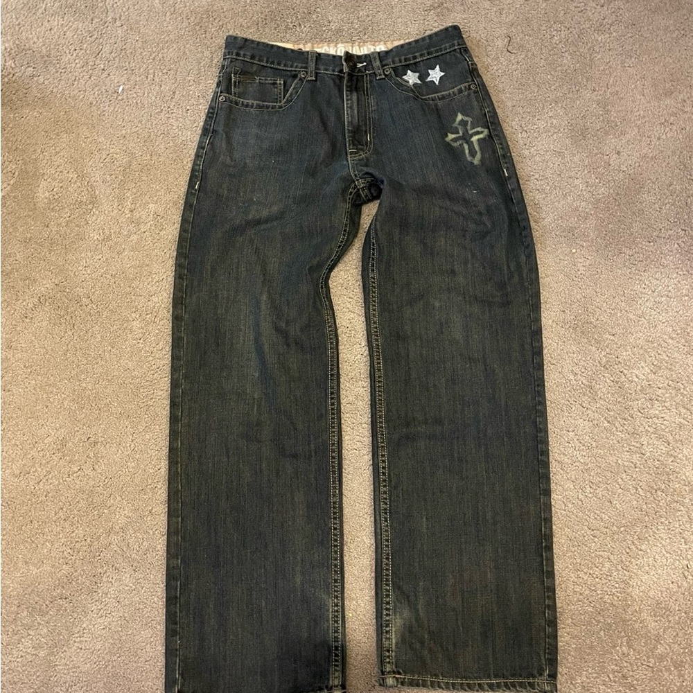Ecko Unlimited Dark Denim Jeans with Star and Cross Accents